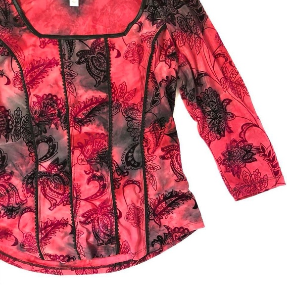 Red and Black Tie Dye Vintage Velour Top With Floral Print - Picture 3 of 4